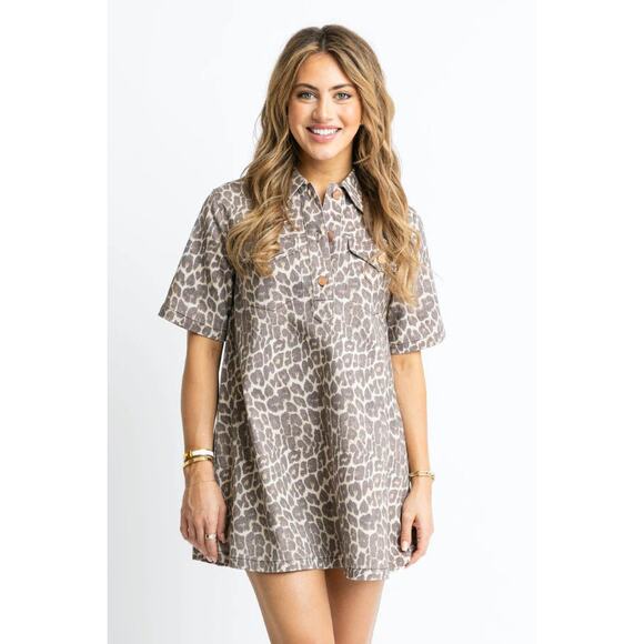 Karlie Dresses & Skirts - Karlie Leopard Denim Pocket Mini Dress Sz L Animal Print Short Sleeve Pullover